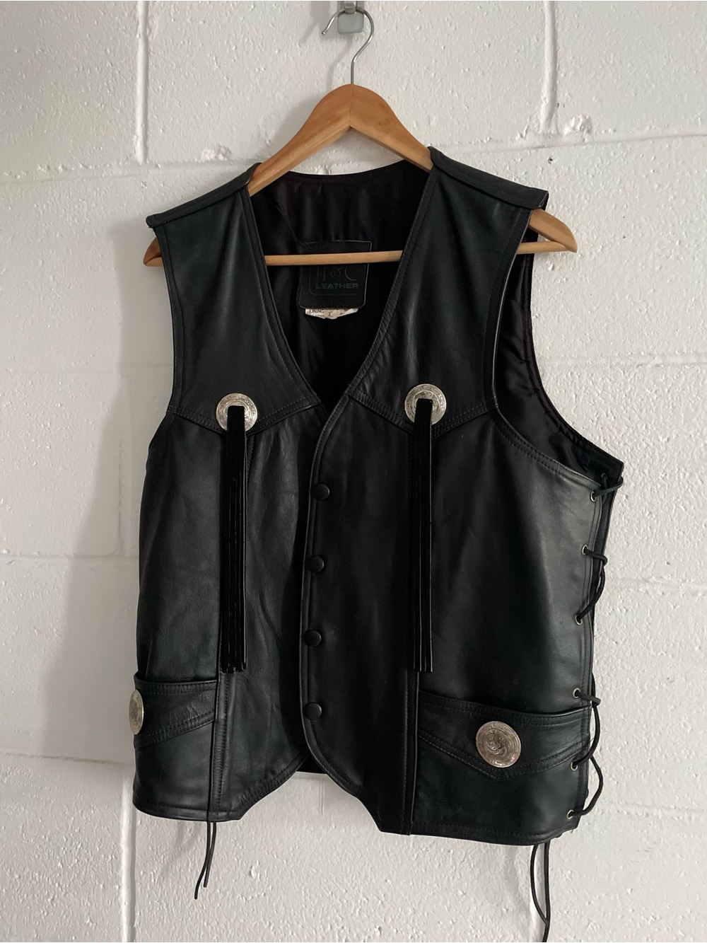 Vintage leather biker western vest with fringe and conchos